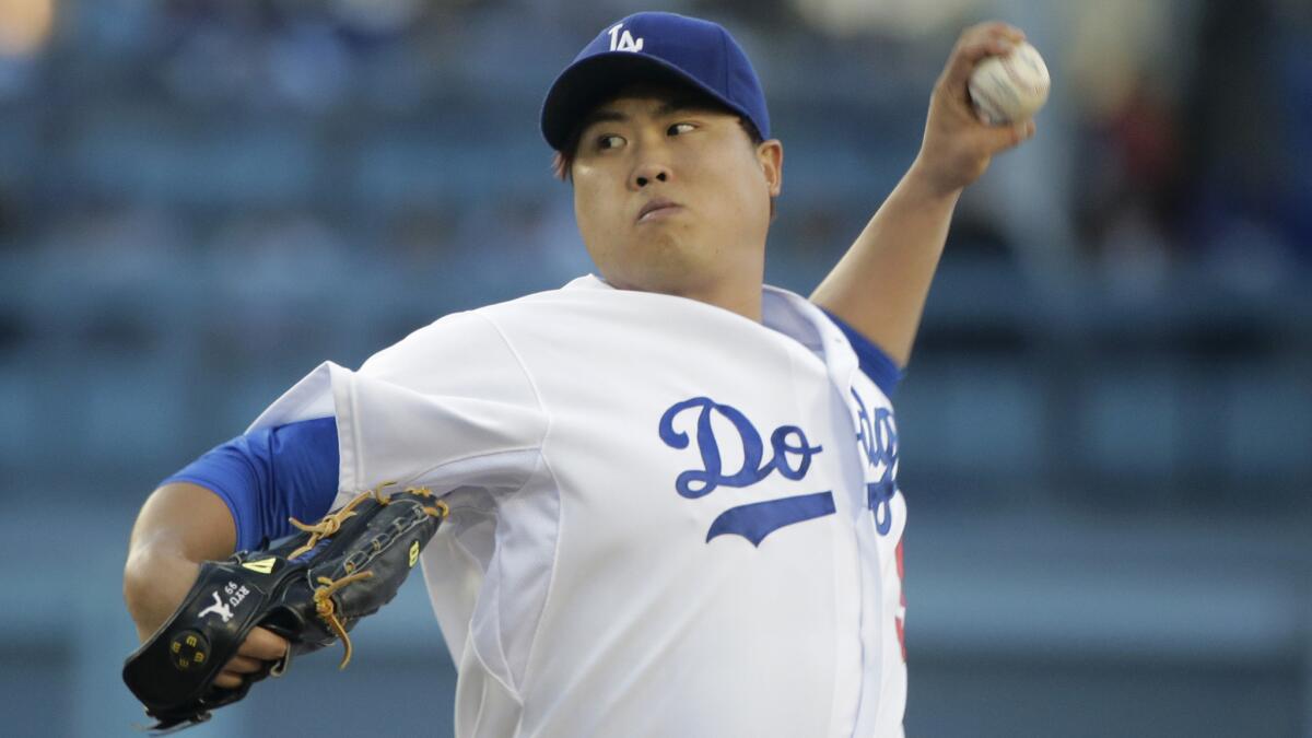 Dodgers starter Hyun-Jin Ryu delivers a pitch during a game against the Arizona Diamondbacks on Sept. 6.