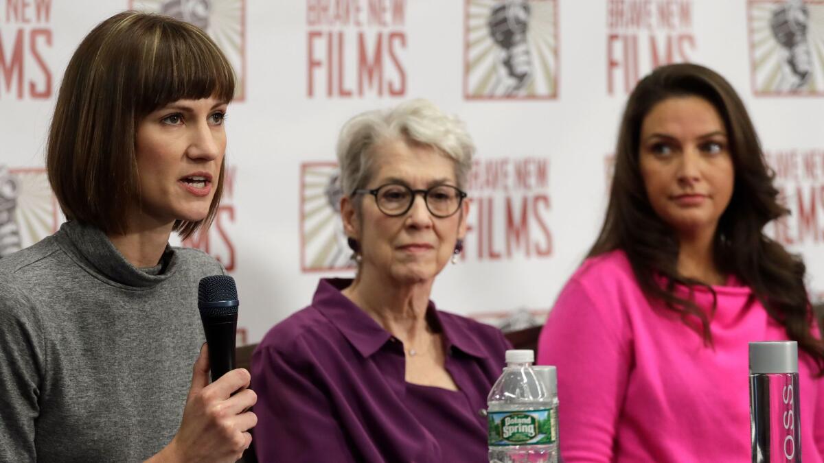 Rachel Crooks, from left, Jessica Leeds and Samantha Holvey attend a news conference on Monday in New York to discuss their accusations of sexual misconduct against President Trump.