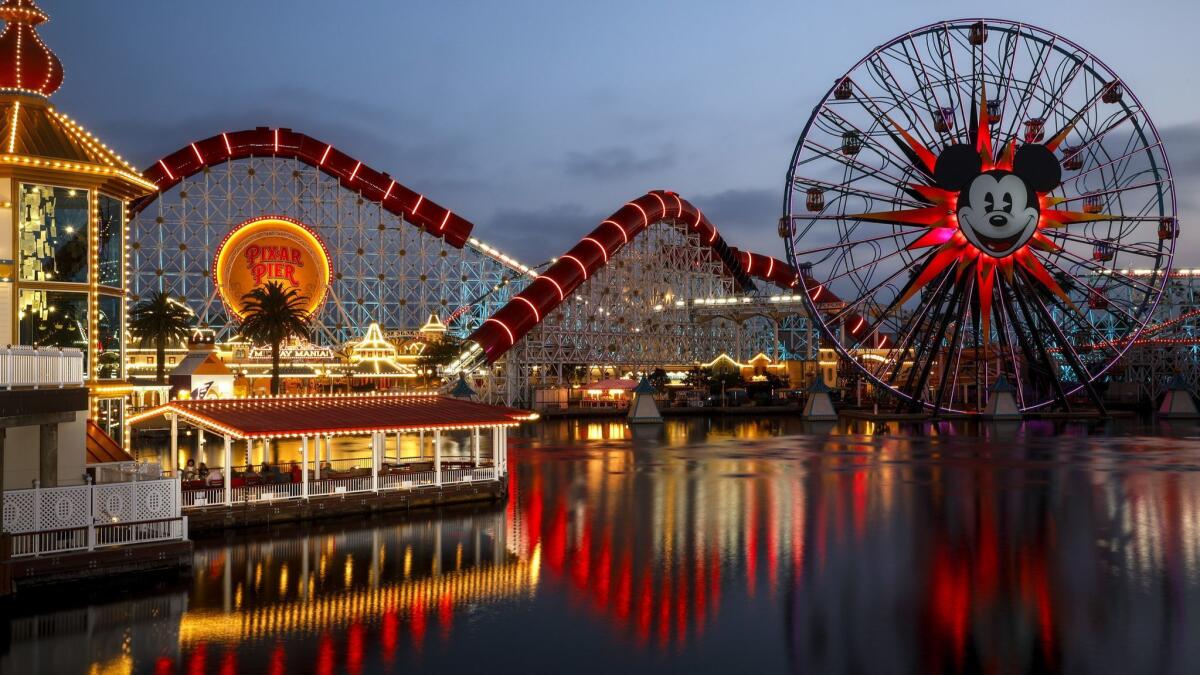 Pixar Pier at dusk.