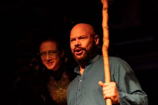 Right to Left: Jin Maley as Ariel and Chris Butler as Prospero in 'The Tempest' at Shakespeare Center of Los Angeles.