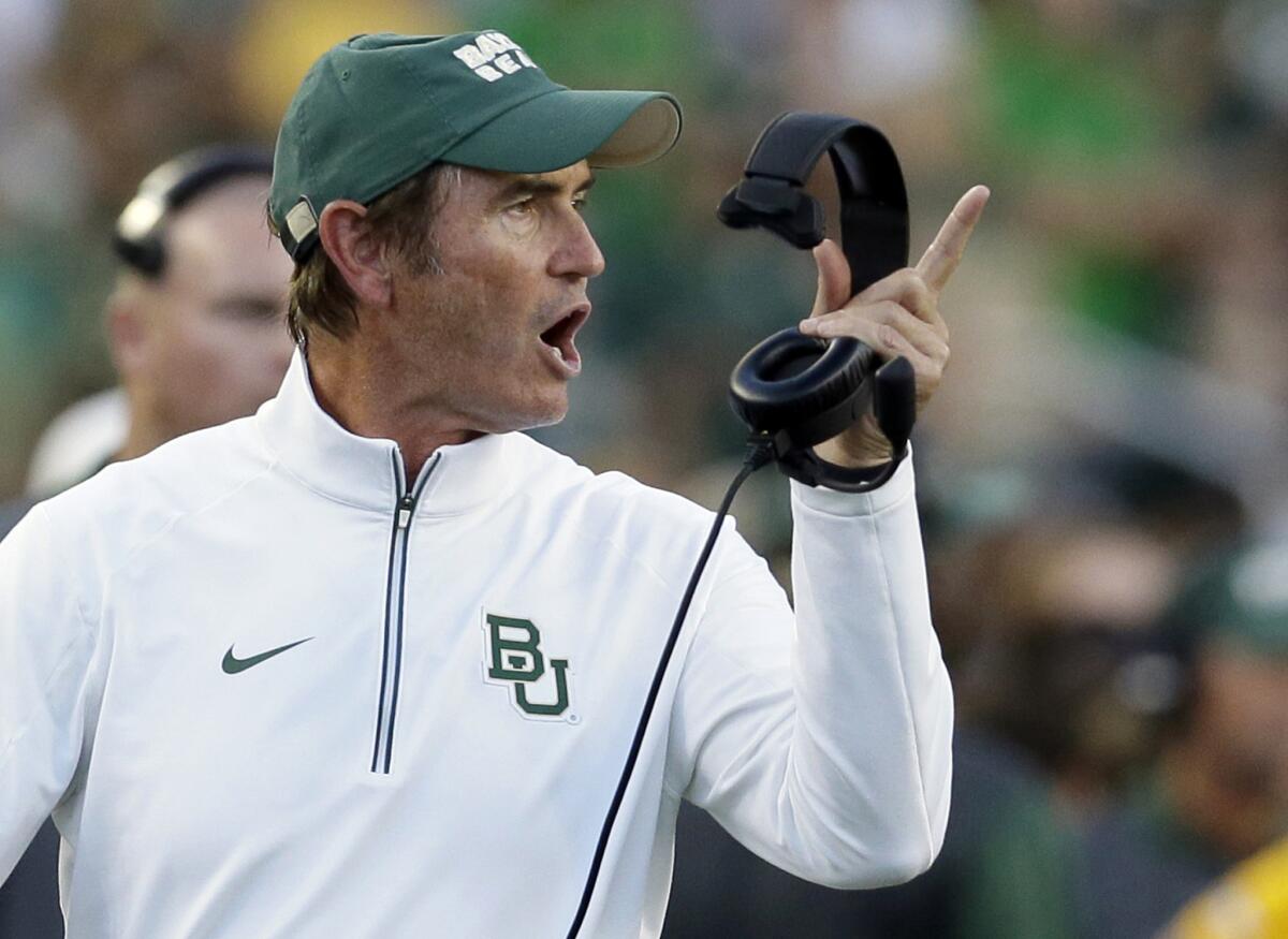 Art Briles yells from the Baylor sideline on Sept. 12, 2015.