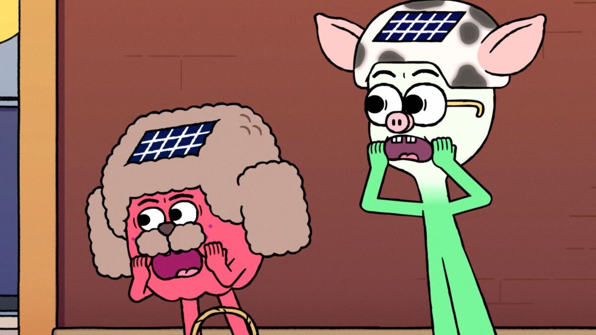 A cartoon apple dressed like a dog, and a cartoon onion dressed like a pig