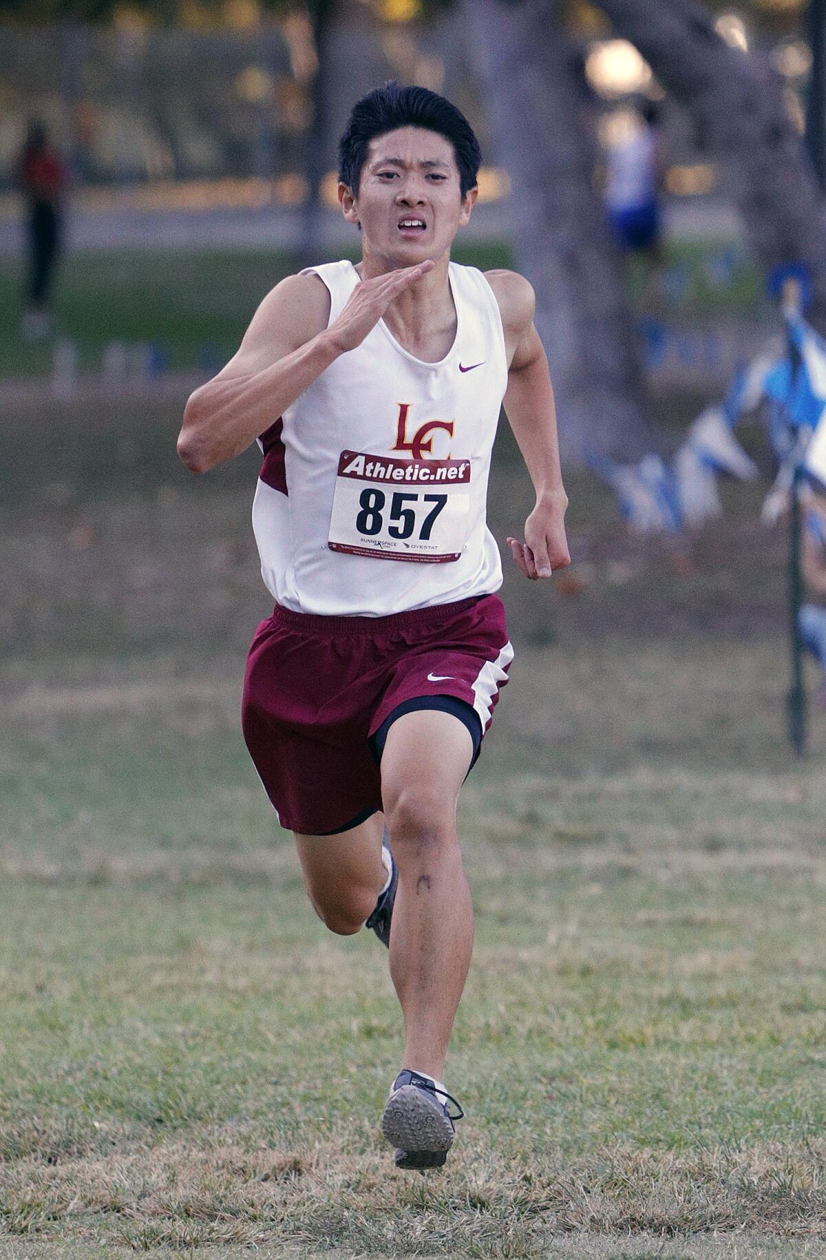 La Canada's Sheldon Watanabe runs to the finish in second place in a Rio Hondo League cross-country race at Crescenta Valley Regional Park on Tuesday, October 15, 2019.