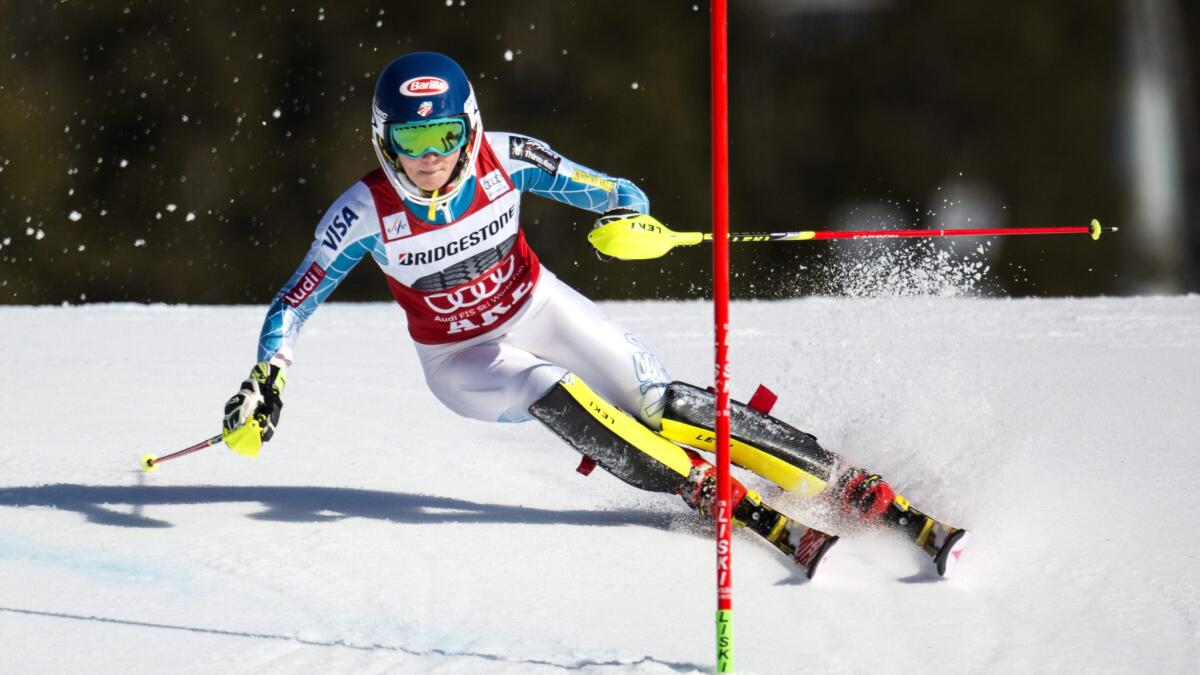Mikaela Shiffrin skis during her first run in Saturday's World Cup slalom race in Sweden.