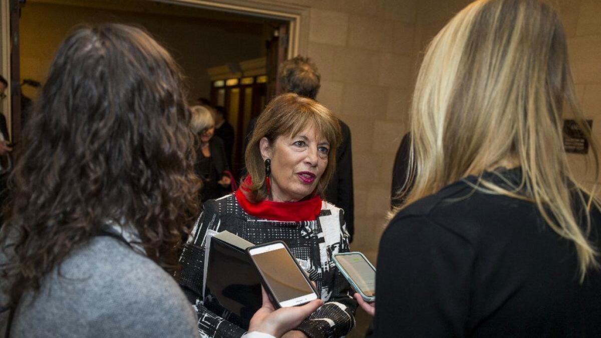 Rep. Jackie Speier (D-Hillsborough) speaks to reporters at the Capitol on Nov. 28.
