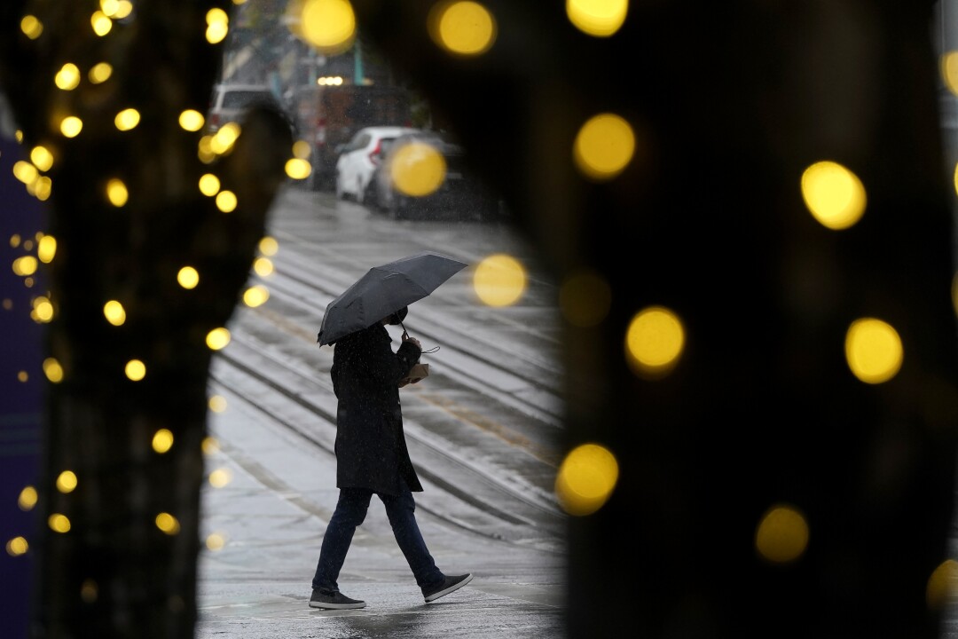 Christmas lights and rain in San Francisco.