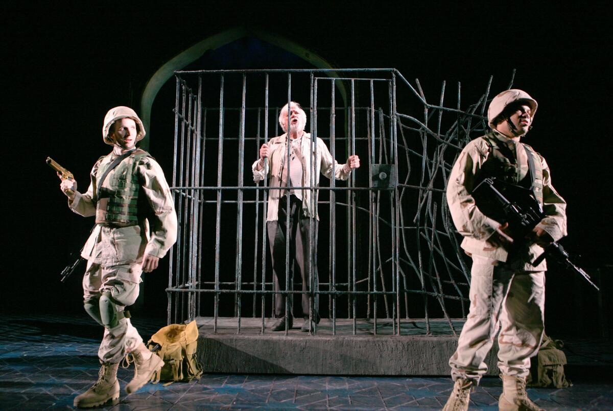 Glenn Davis, right, with Brad Fleischer, left, and Kevin Tighe in Rajiv Joseph's "Bengal Tiger at the Baghdad Zoo" at Kirk Douglas Theatre in Culver City in 2009. Davis said a new Geffen Playhouse residency is a step toward addressing an inclusion problem in the theater world. 