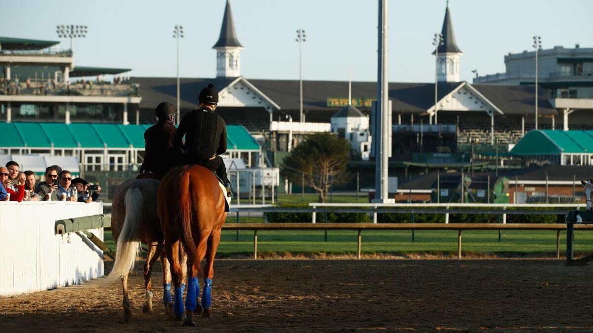 Kentucky Derby favorite Justify is led to the track during morning training at Churchill Downs on May 1.