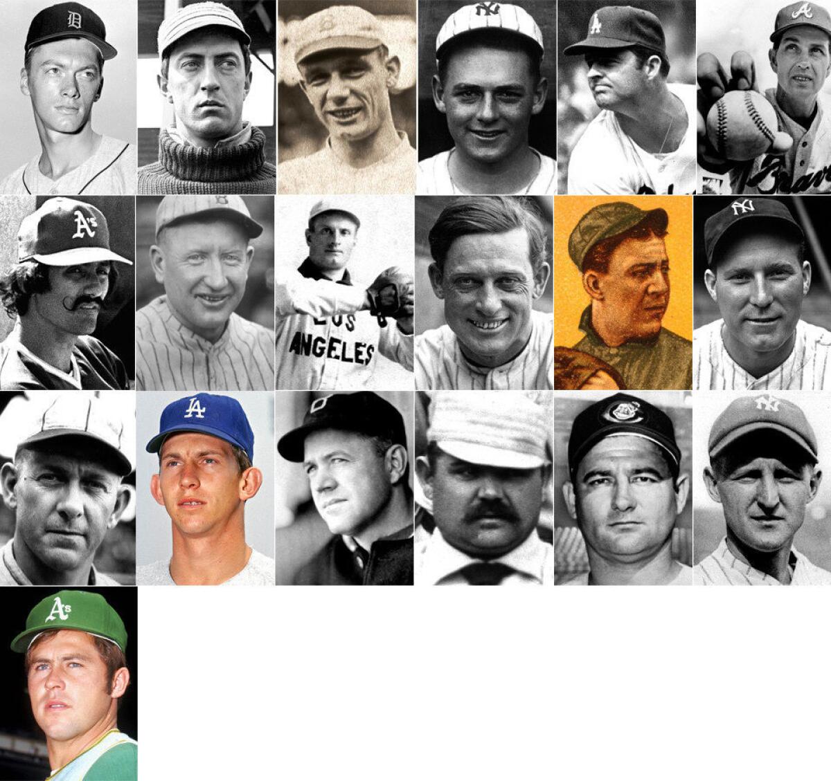 Left to right (top): Jim Bunning, Vic Willis, Rube Marquard, Waite Hoyt, Don Drysdale, Hoyt Wilhelm. Second row: Rollie Fingers, Dazzy Vance, Rube Waddell, Ed Walsh, Addie Joss, Red Ruffing.