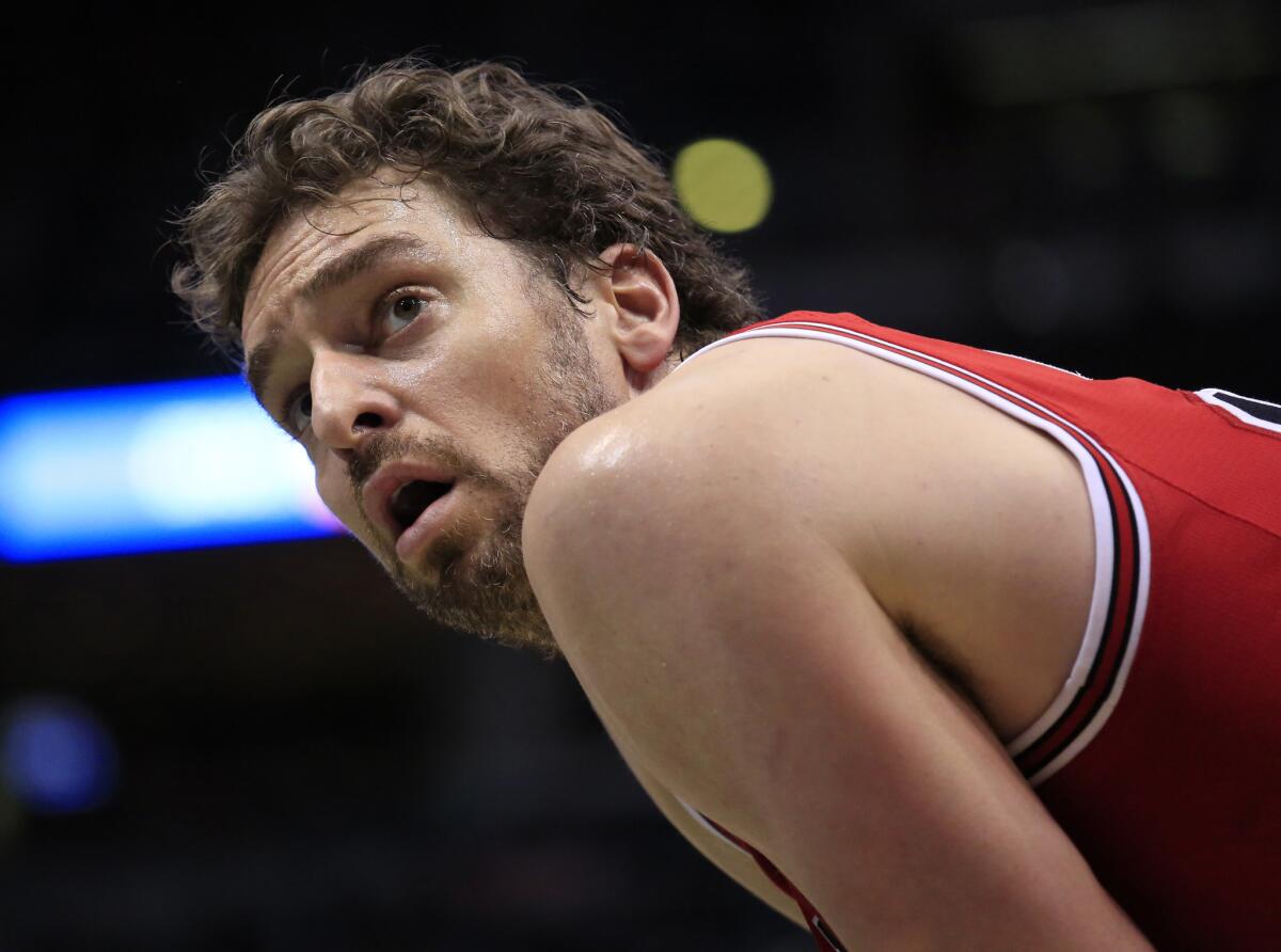 Bulls center Pau Gasol looks up as the Bucks take a free throw during the second half of a game on Apr. 3.
