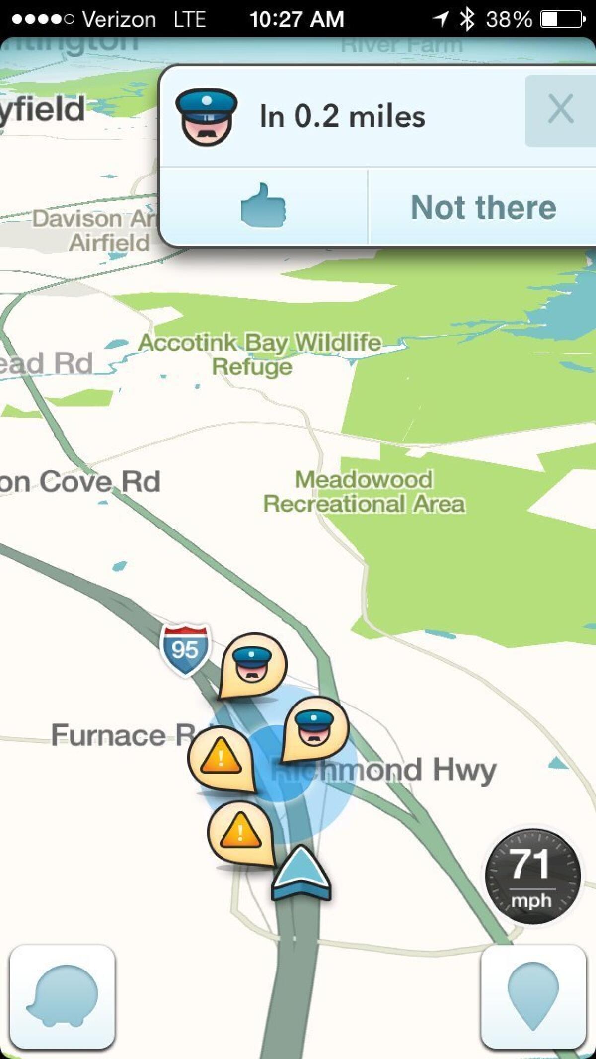 An image from the Waze app indicates a location where police were seen in the Washington, D.C. area.
