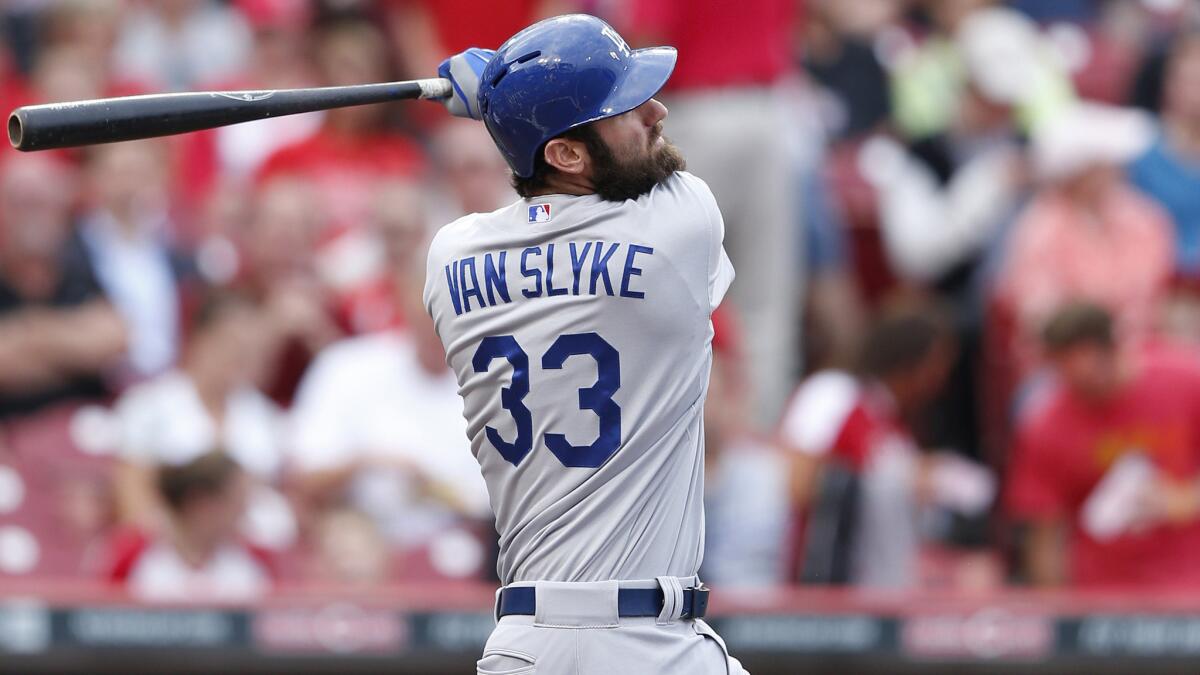 Dodgers outfielder Scott Van Slyke hit two home runs in the team's 6-2 road win over the Cincinnati Reds on Monday.