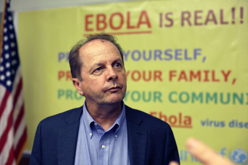 Dr. Tom Kenyon, director of the U.S. Center for Disease Control's Center for Global Health, at a news conference in Monrovia, Liberia.