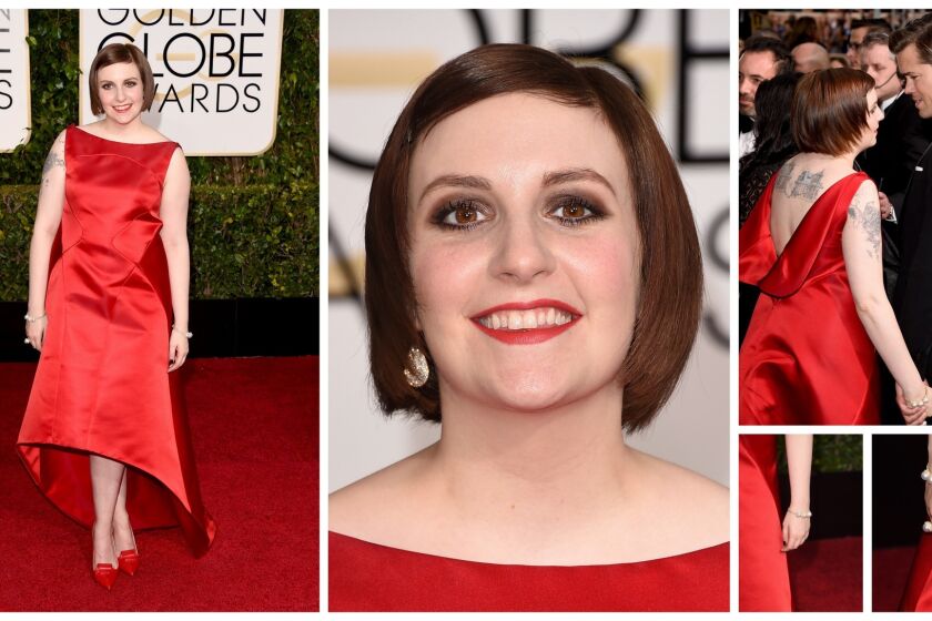 The "Girls" star wore this red Zac Posen dress to the 2015 Golden Globes.