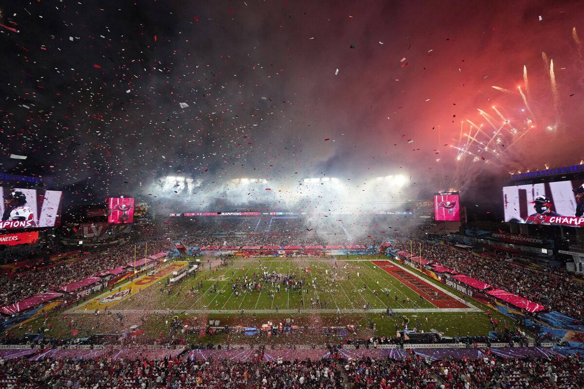 Fireworks explode over Raymond James Stadium in Tampa, Fla., after the Buccaneers' 31-9 win.