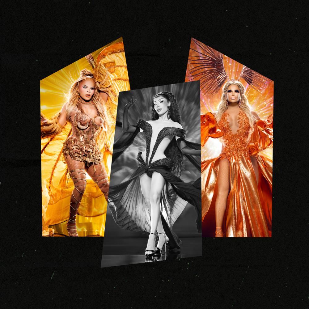 A composite of three photos of three drag queens.