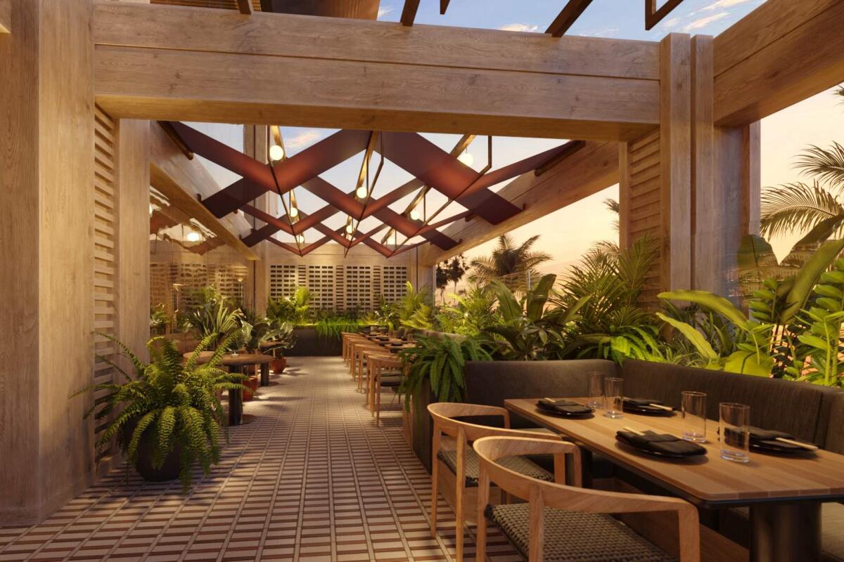 A rendering of the terrace at forthcoming Casa Dani and Katsuya in the Westfield Century City