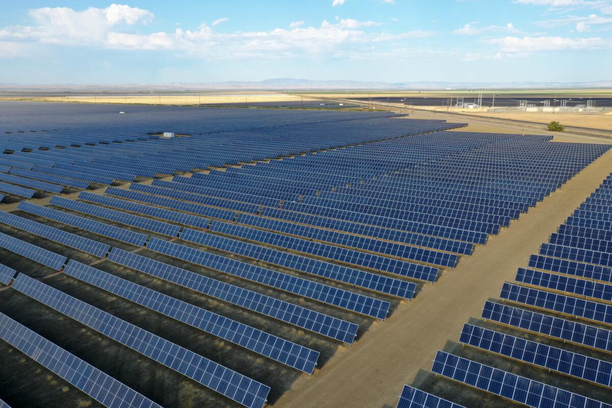 A typical-looking solar farm, with photovoltaic panels, in California's San Joaquin Valley.