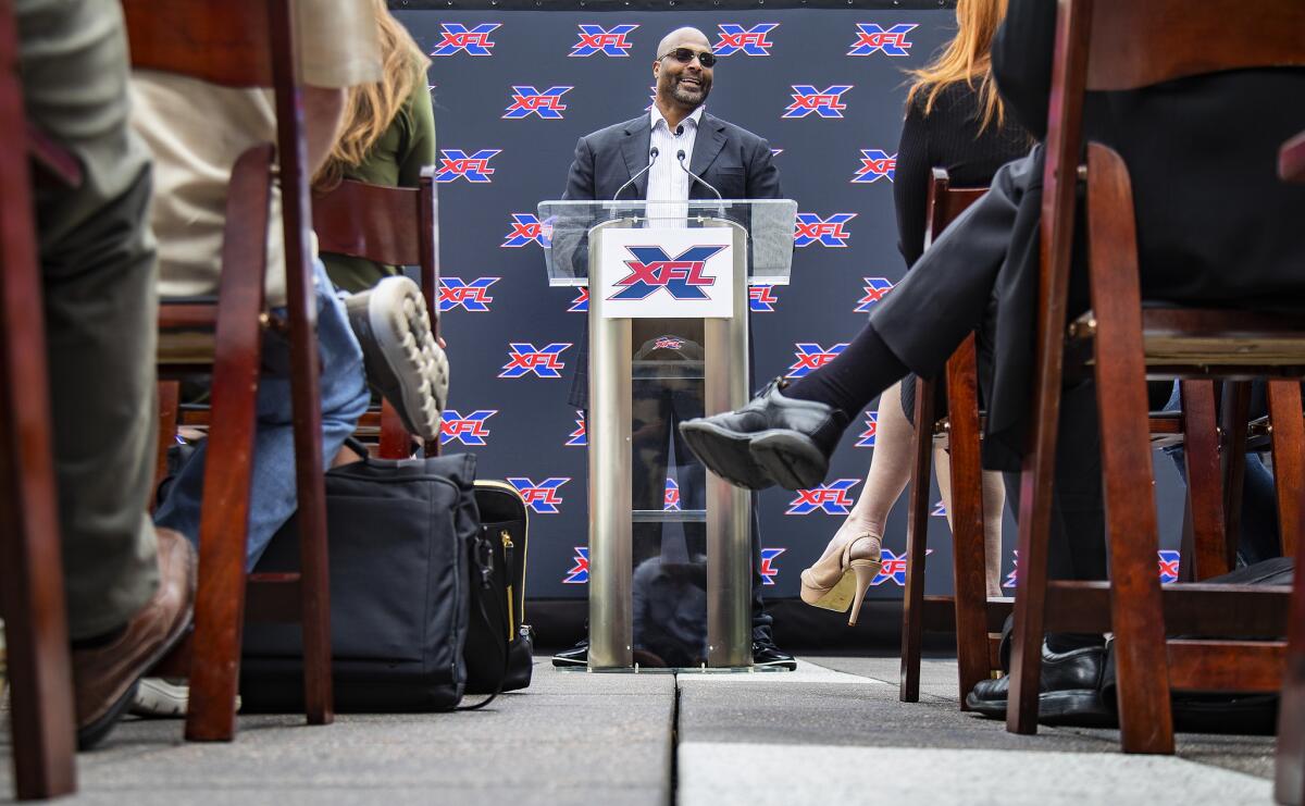 Winston Moss, a former associate head coach of the Green Bay Packers, addresses the media after being announced as the head coach the XFL's Los Angeles at a news conference on May 7. 