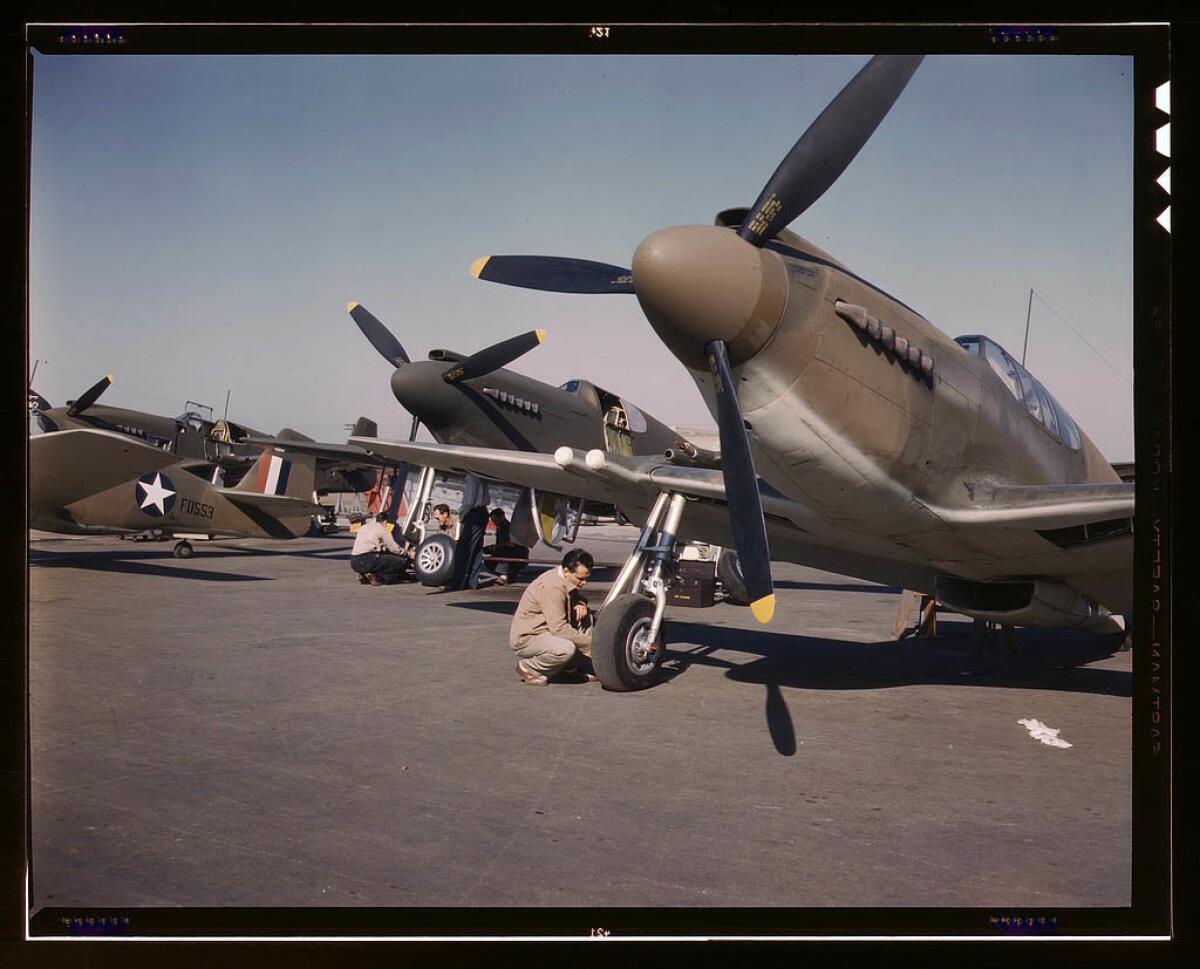 P-51 ("Mustang") fighter planes being prepared for test flight at the field of the North American Aviation Inc. plant in Inglewood in October 1942.