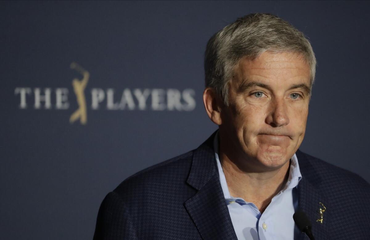 PGA Tour commissioner Jay Monahan speaks during a news conference in March.