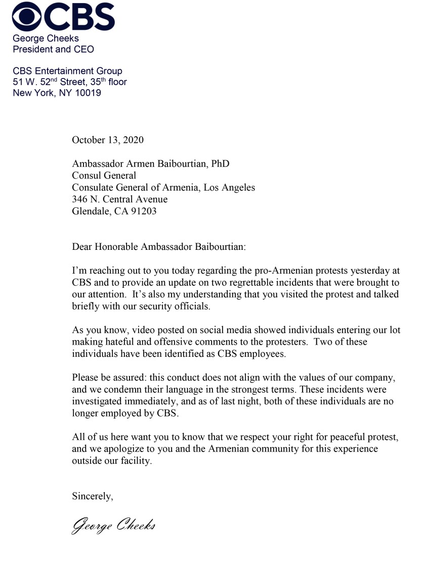 A letter of apology from CBS Chief Executive George Cheeks to Ambassador Armen Baibourtian, the Armenian consul general.