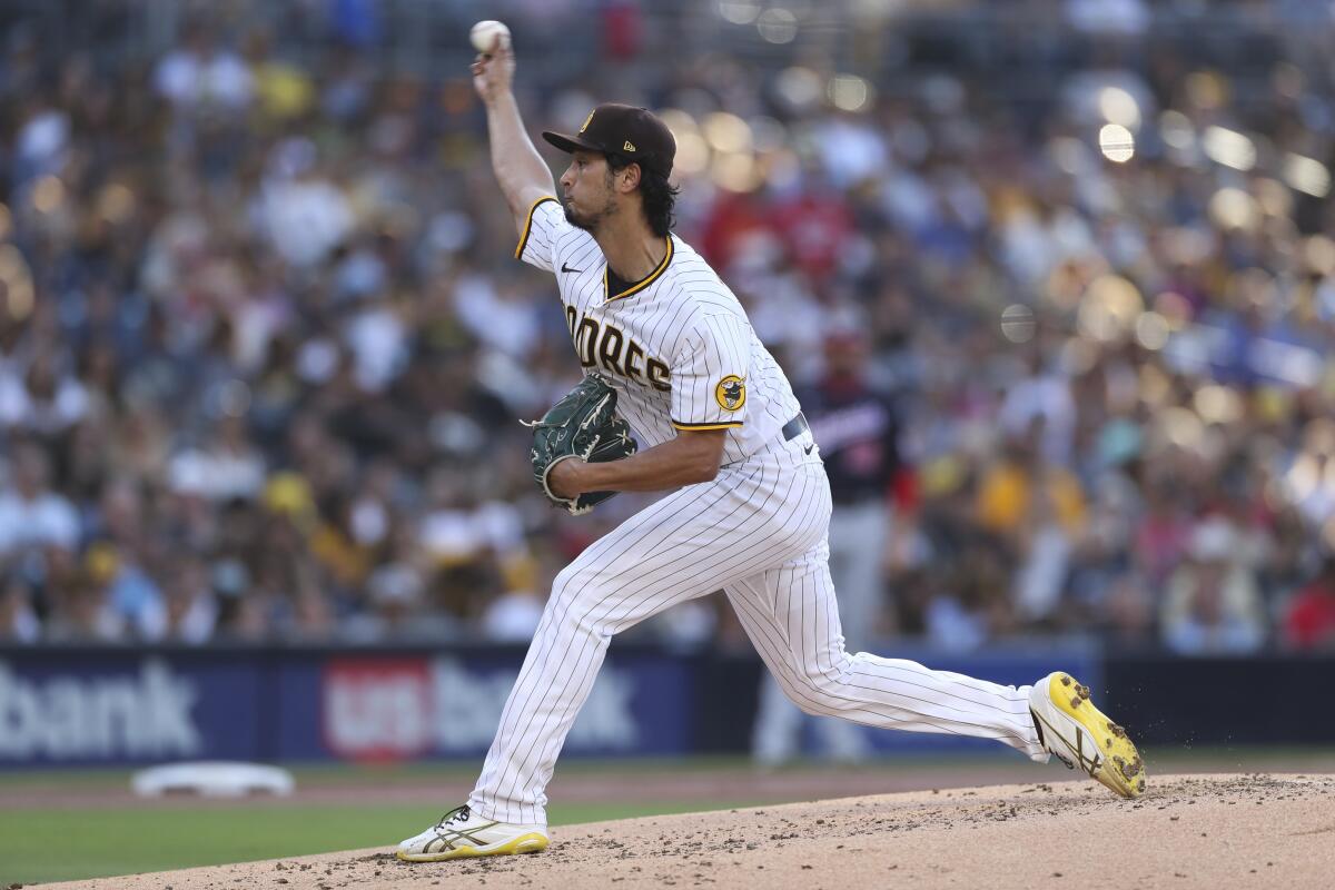 San Diego Padres starting pitcher Yu Darvish delivers in the second inning of a baseball game against the Washington Nationals Thursday, July 8, 2021, in San Diego. (AP Photo/Derrick Tuskan)
