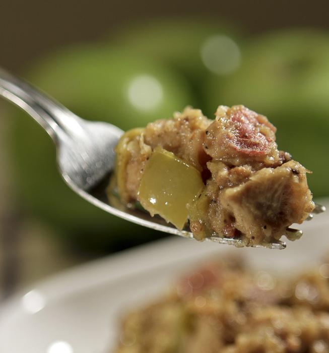 Cubed pork loin is tossed with tart apple bits, potatoes, onion and bacon. A little curry powder adds a layer of richness, balancing the sweetness of the apple. Recipe: Curried pork and apple hash