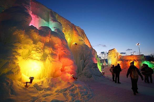 Lights create a technicolor explosion on ice pillars during the Lake Shikotsu Ice Festival in Chitose, Hokkaido, Japan.
