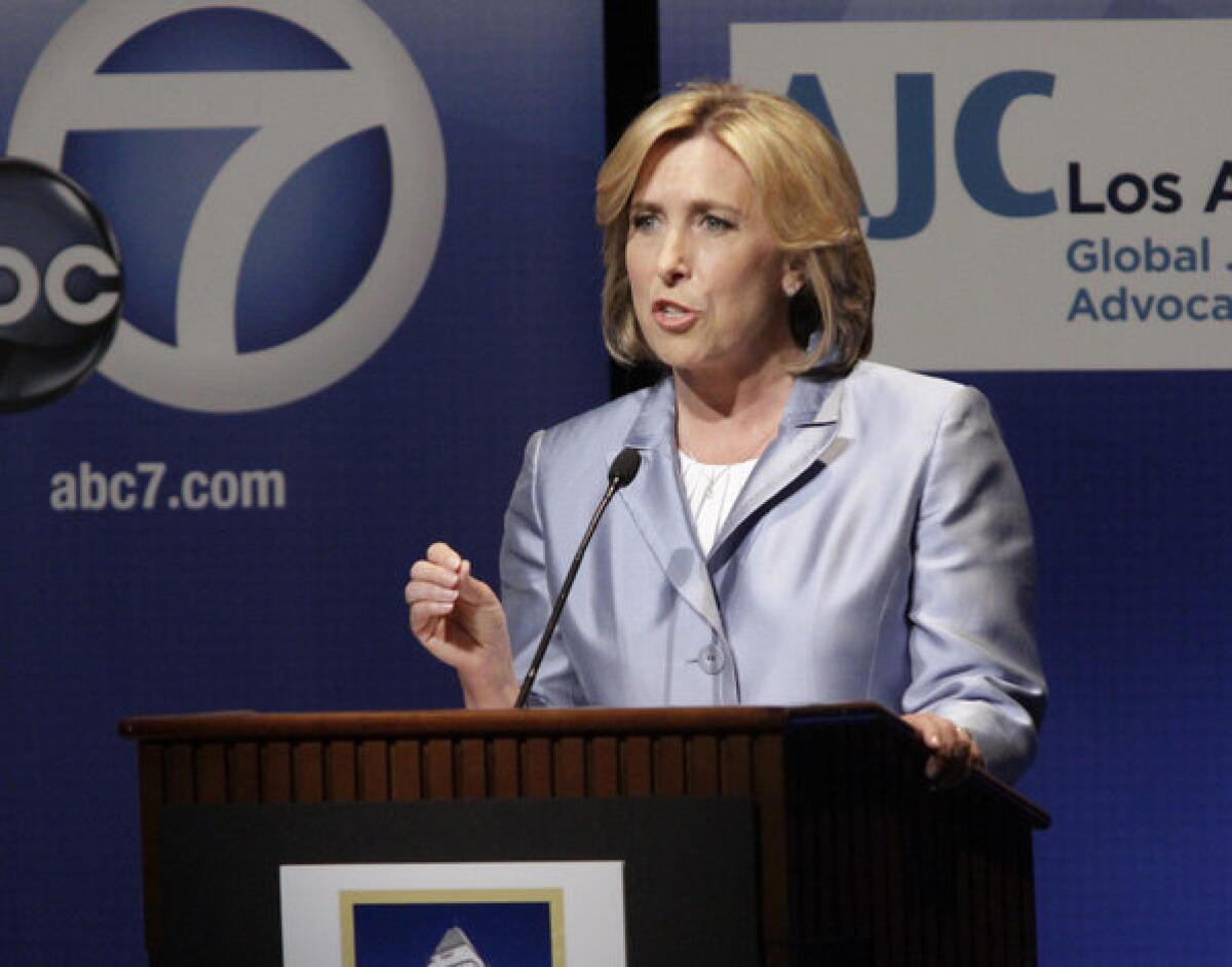 Los Angeles mayoral candidate Wendy Greuel at a debate in April sponsored by the American Jewish University.