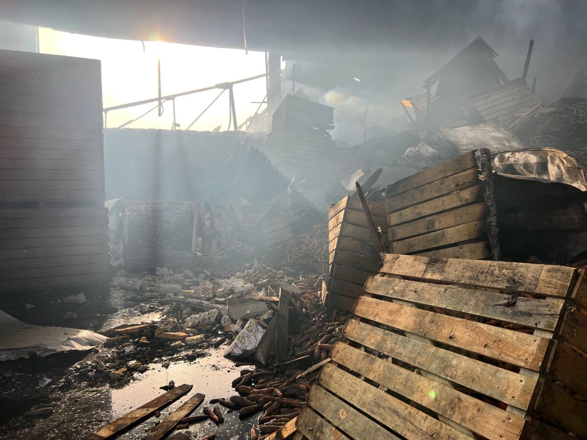 A vegetable warehouse burns.
