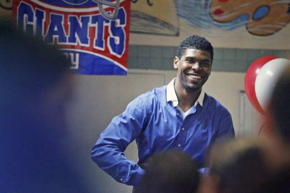Ramses Barden, Flintridge Prep graduate and free agent wide receiver in the NFL, laughs at a question he was asked Wednesday at Hathaway-Sycamores.