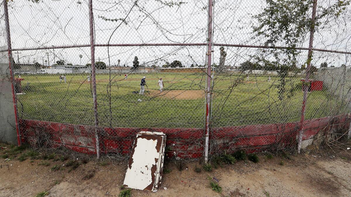 The baseball field and other athletic facilities at Morningside High School in Inglewood are in disrepair.