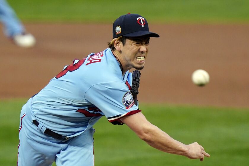 Minnesota Twins pitcher Kenta Maeda of Japan throws against the Detroit Tigers in a baseball game Wednesday, Sept. 23, 2020, in Minneapolis.(AP Photo/Jim Mone)