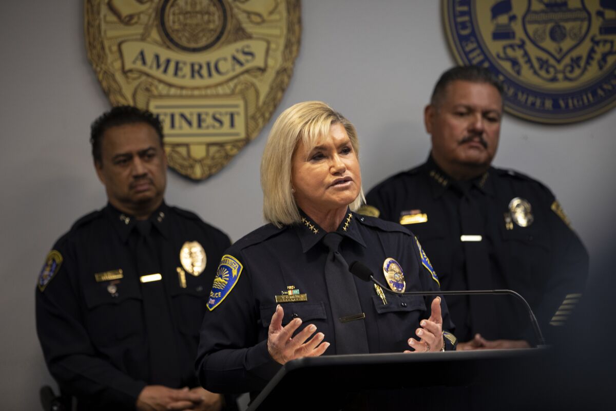 Chula Vista police Chief Roxana Kennedy talks during a news conference about the new Lights On! program. 