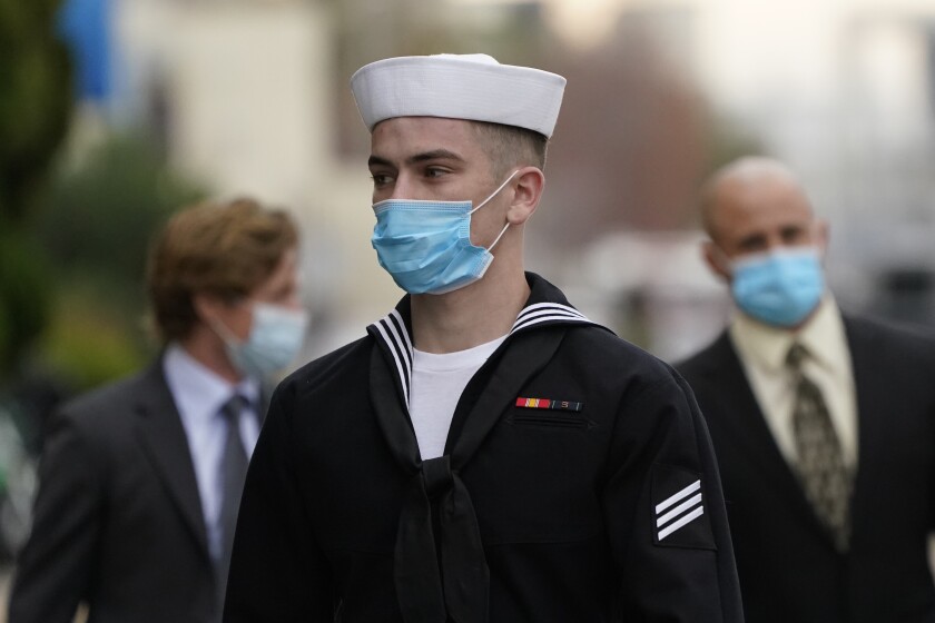Navy Seaman Ryan Sawyer Mays arrives for a hearing at Naval Base San Diego 