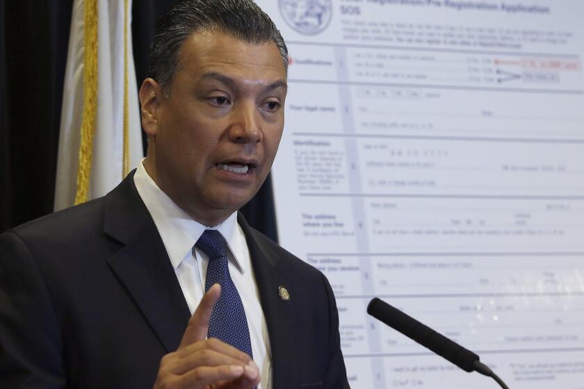 FILE - In this April 5, 2018, file photo, California Secretary of State Alex Padilla speaks in Sacramento, Calif. Padilla is urging Californians to oppose the Trump administration plan for a citizenship question on the 2020 census. Padilla on Tuesday, July 31, 2018, launched an online portal for Californians to submit public comments through the federal registrar opposing the question. (AP Photo/Rich Pedroncelli, File)