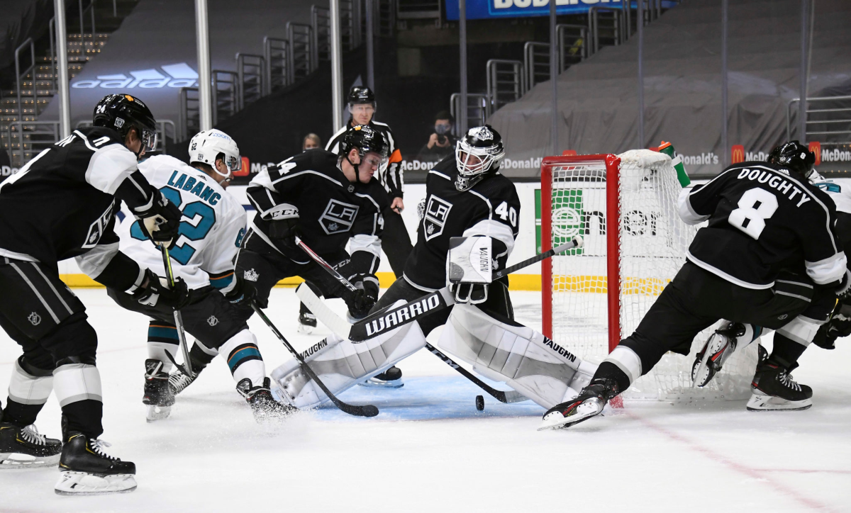 Kings goalie Cal Petersen blocks a shot during a game against the San Jose Sharks at Staples Center on Feb. 9.