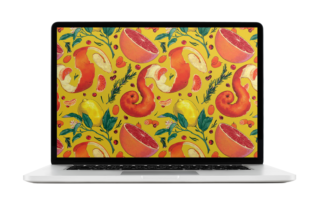 Grapefruit halves, citrus peel curls and lemons on a gold background.