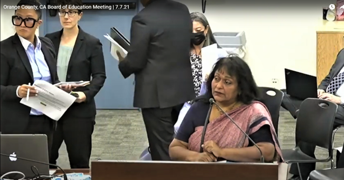 International School for Science and Culture founder Padmini Sirivasan addresses the Orange County Board of Education July 7.