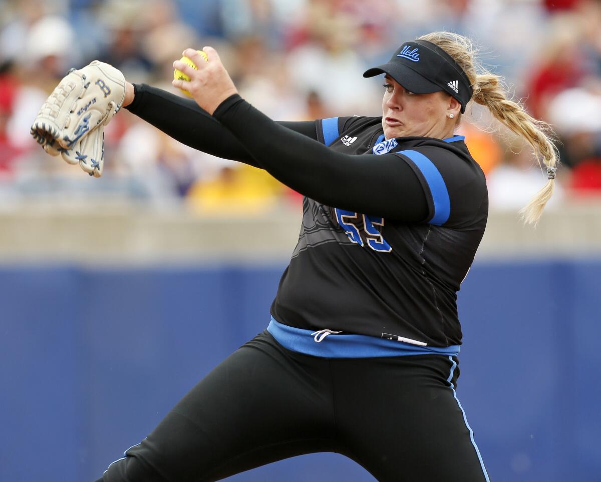 UCLA's Paige McDuffee pitches against Auburn during the Bruins opener at the Women's College World Series on June 2.