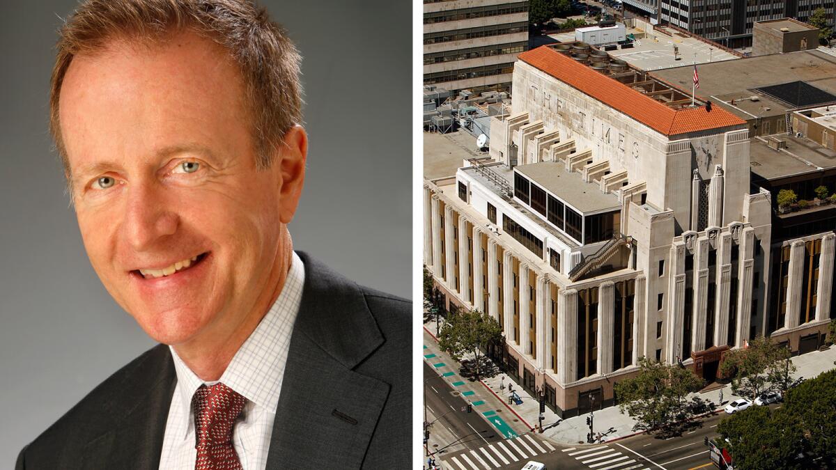 Austin Beutner and the Los Angeles Times building in downtown L.A.