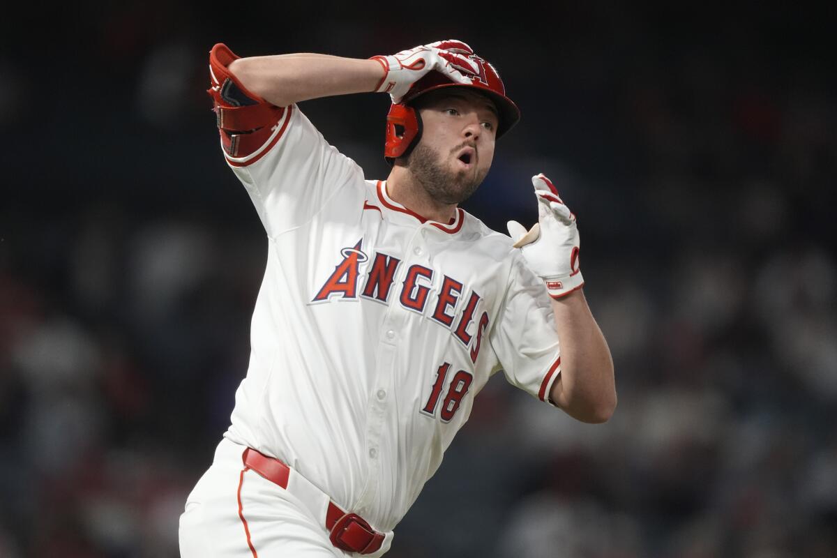 Nolan Schanuel reacts after the ball he hit went foul in the ninth inning of the Angels' 7-1 loss to the Houston Astros.