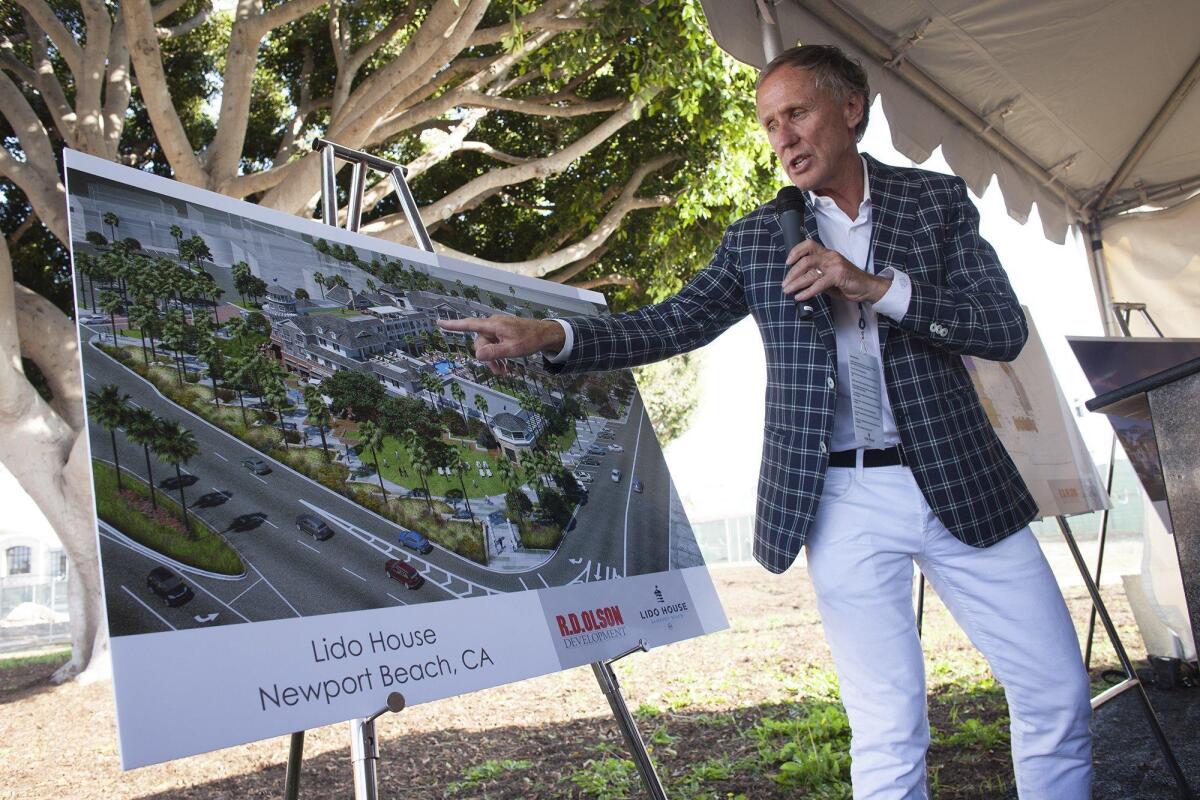 Bob Olson of R.D. Olson Development addresses public officials and business leaders Wednesday during a ceremonial groundbreaking for the Lido House Hotel, a four-story, 130-room boutique hotel that will be built on the site of the former Newport Beach City Hall.