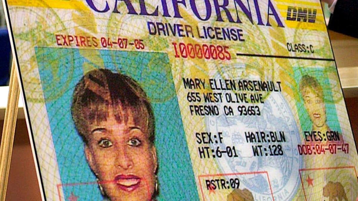 A facsimile of the state's driver's license in Culver City, Calif.