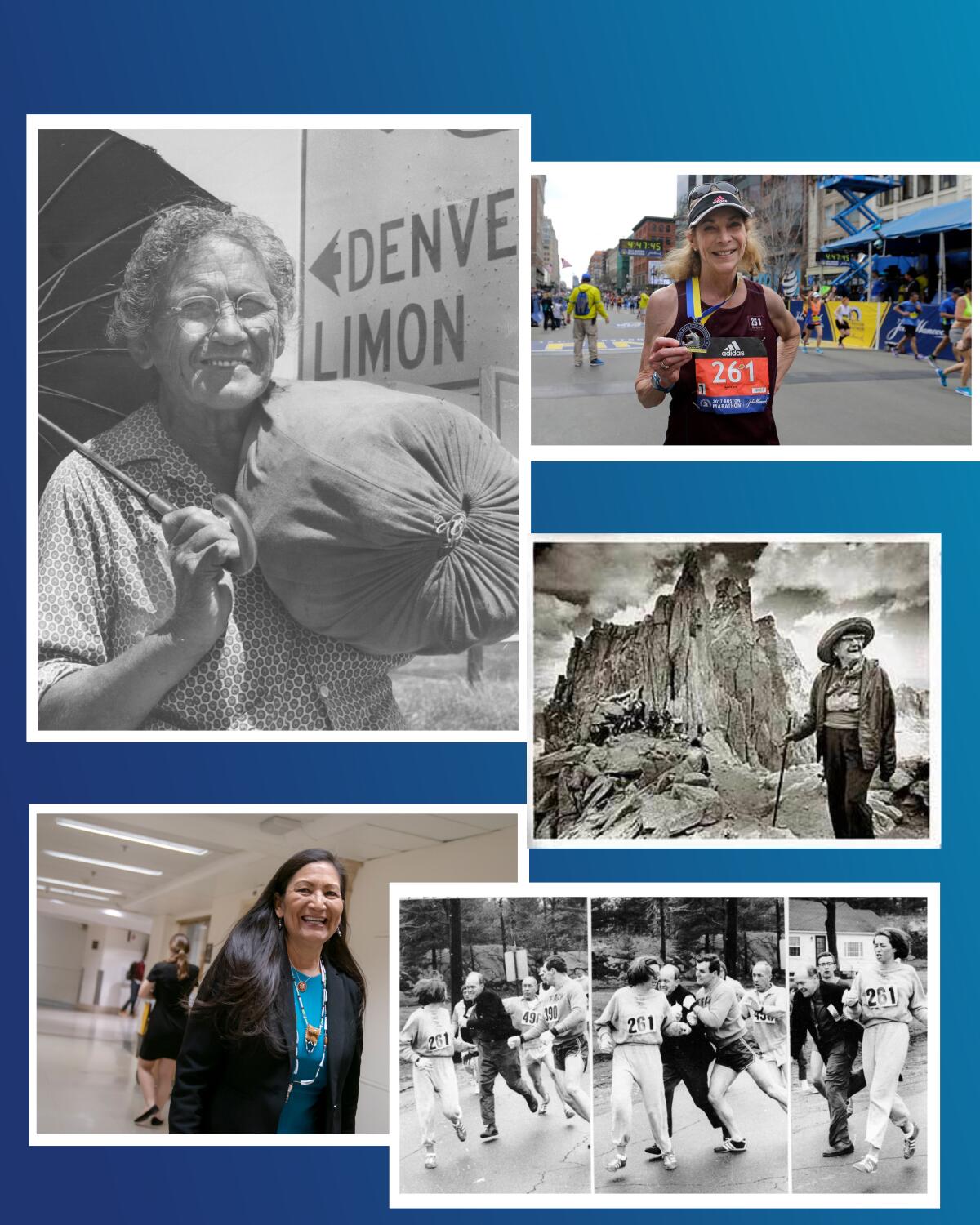 Photos of Deb Haaland, Emma Rowena Gatewood, Kathrine Switzer, Hulda Crooks, and Switzer being shoved by a race official