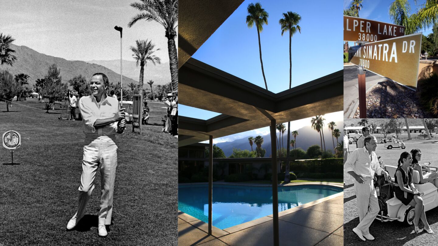 From left, clockwise: Frank Sinatra at Palm Springs Golf Course in 1969, Sinatra's Twin Palms home, a street named after him in Rancho Mirage and Frank Sinatra at the Palm Springs Golf Course.