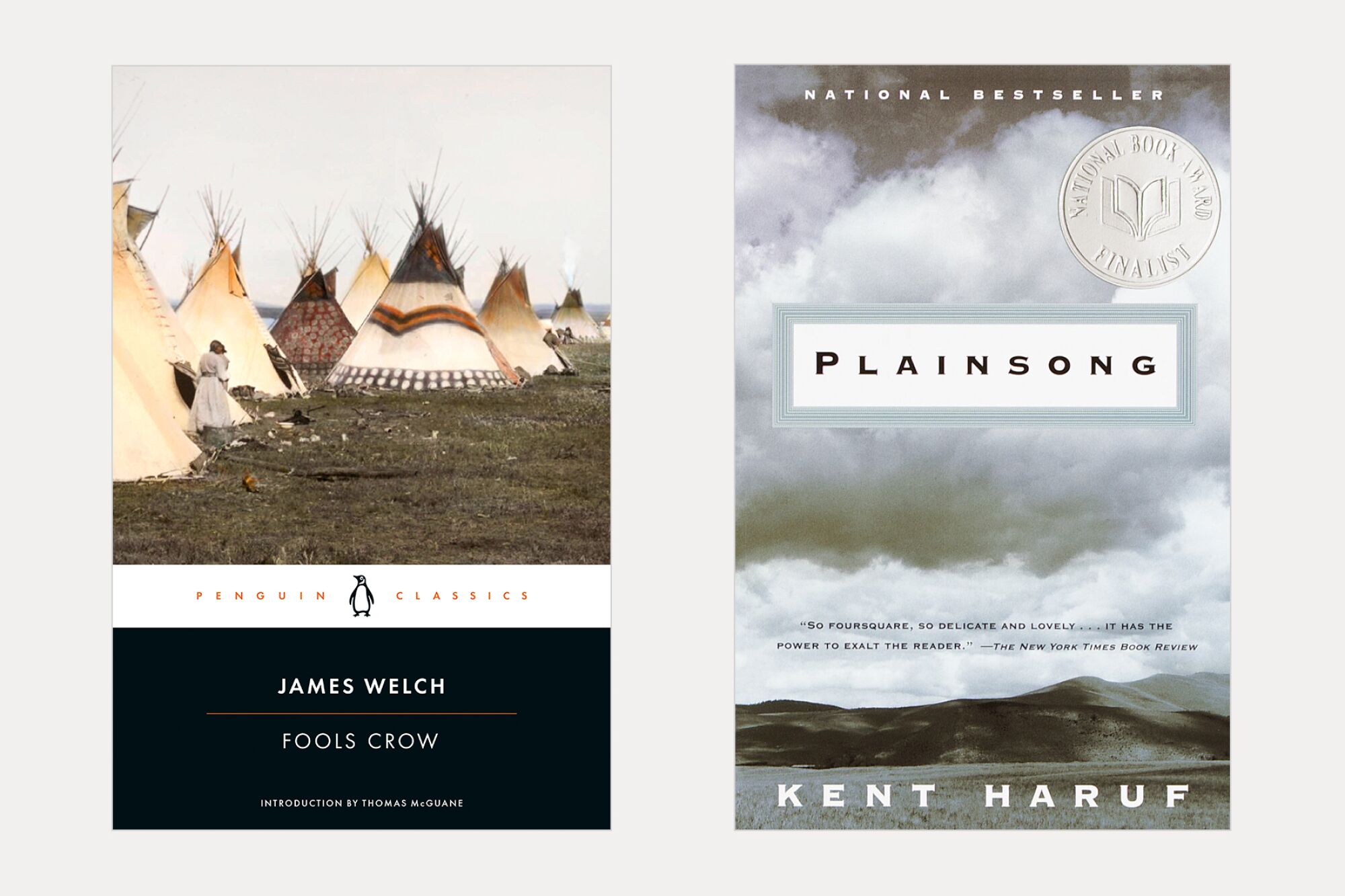 iki kitap kapağı: James Welch'in yazdığı Fools Crow ve Kent Varuf'un Plainsong'u