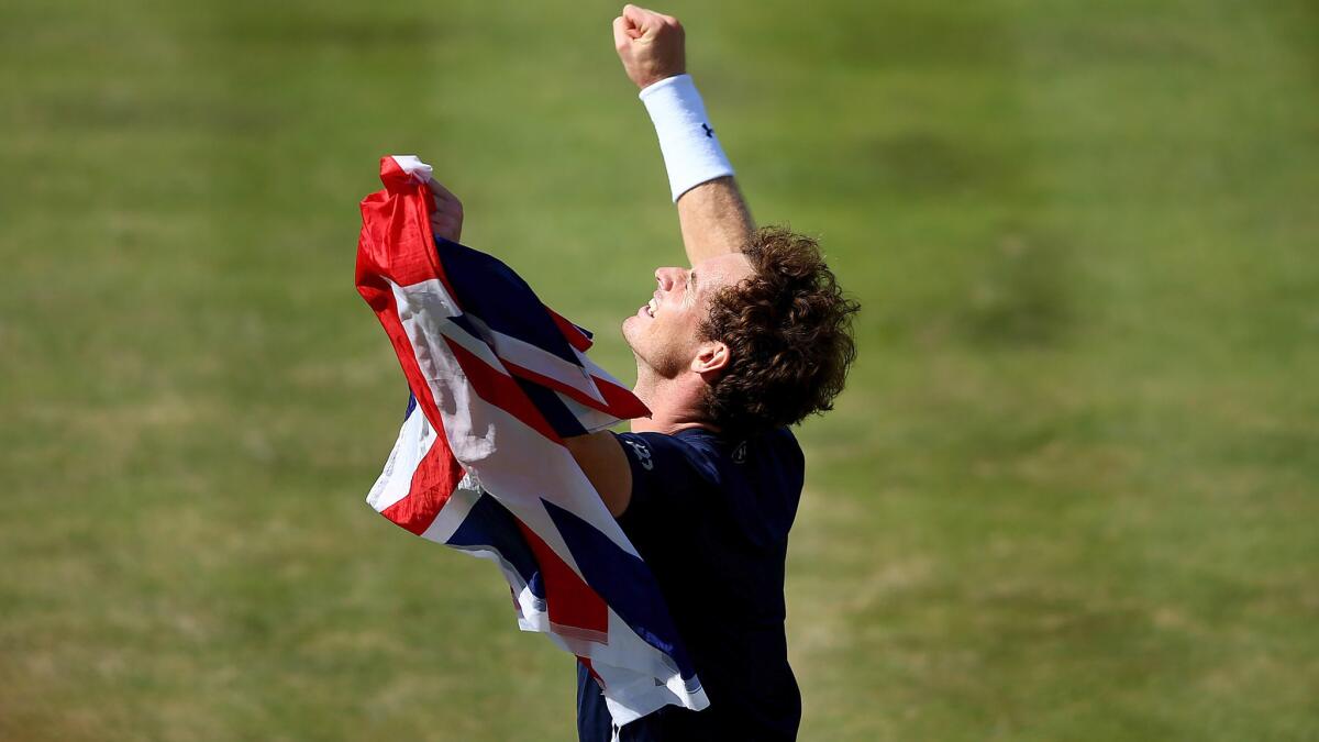 Andy Murray celebrates after defeating Gilles Simon of France to clinch Britain's victory in a Davis Cup quarterfinal on Sunday in London.