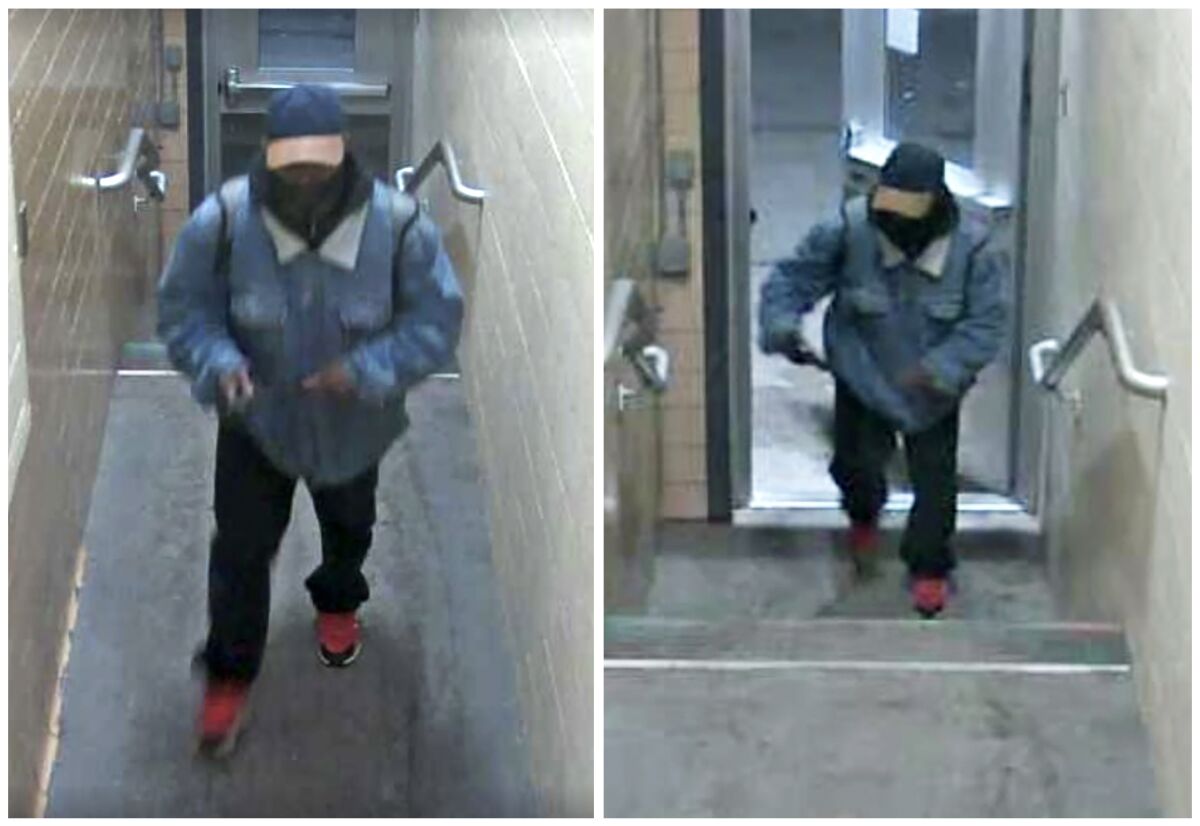 A diptych of images from surveillance camera of a person wearing a blue jacket, black pants, red shoes, and a baseball cap.